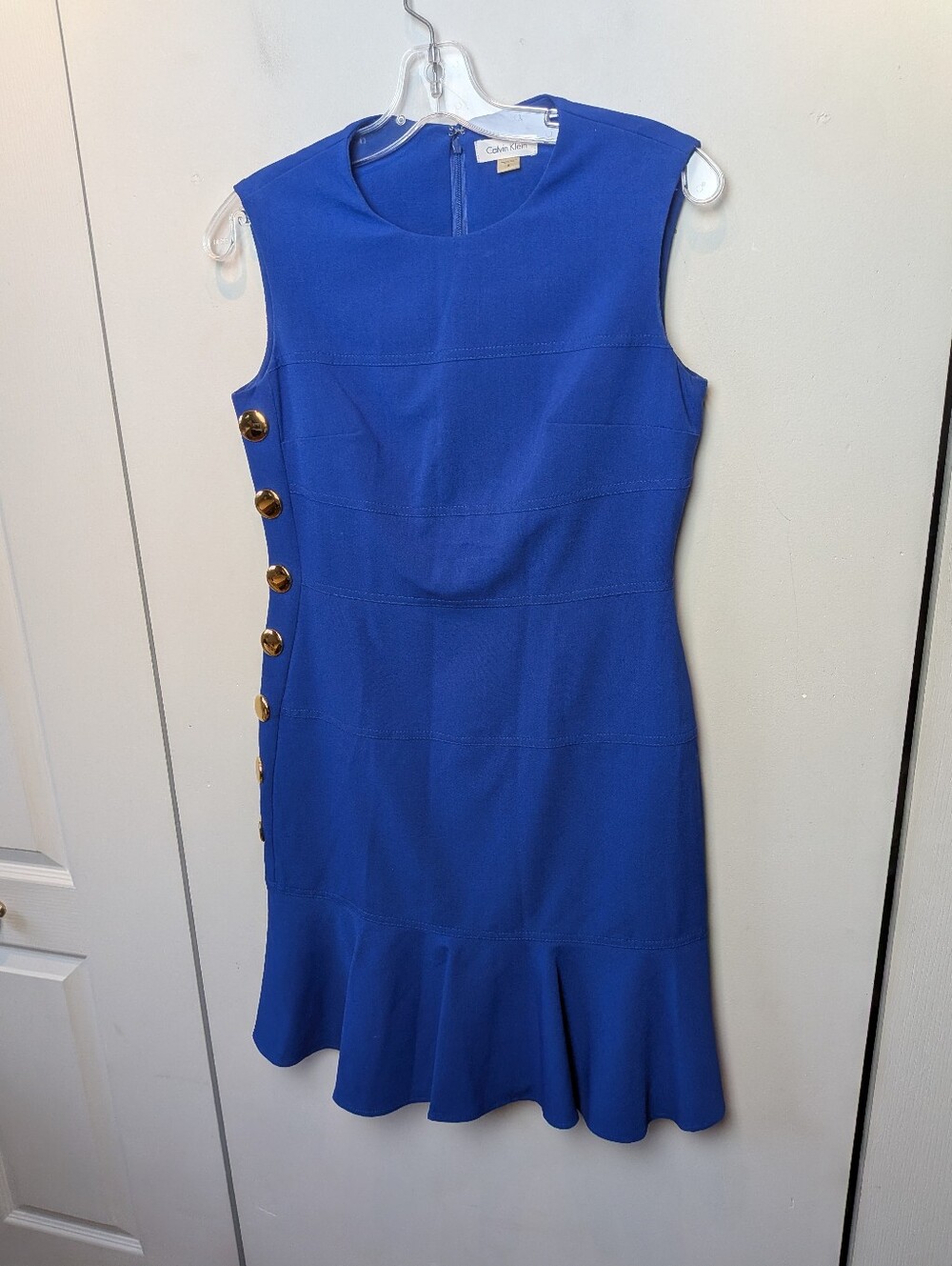 CALVIN KLEIN Sleeveless Mini Dress Women Size 6 Blue With Gold Decorative Dots